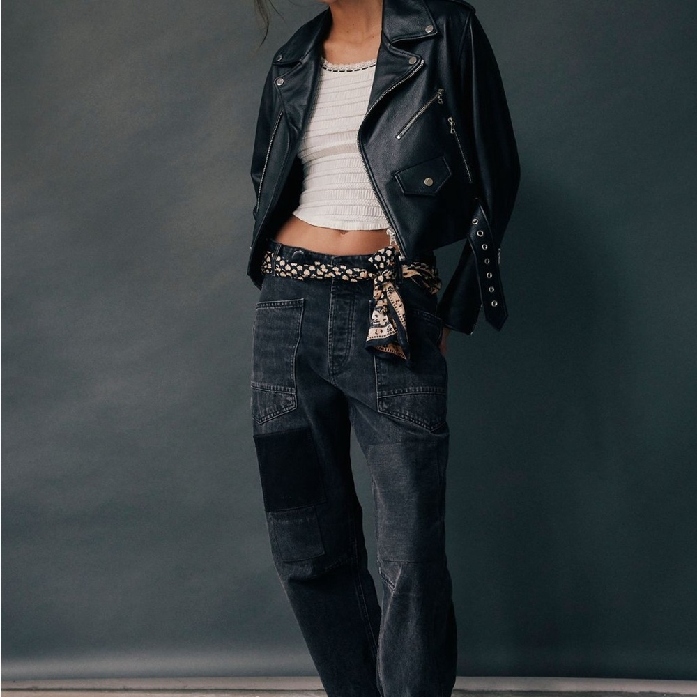 WORN ONCE- Free People Patchwork Moxie Pull On Barrel Jeans (charcoal/blk)